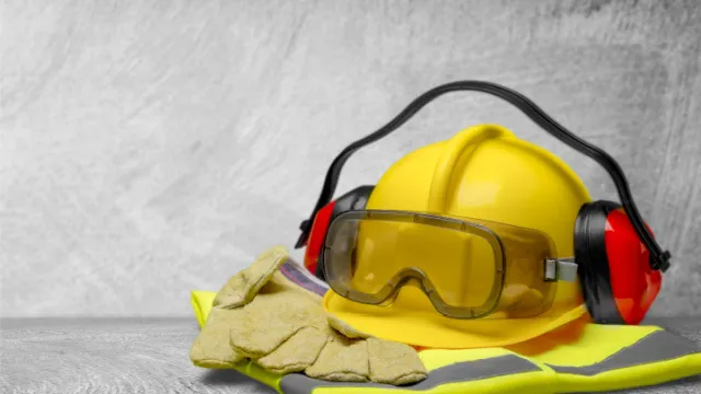 safety helmet, glasses, and hearing protection