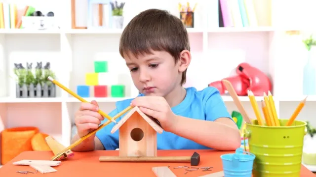 jongetje maakt een vogelhuisje