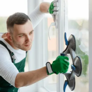 man plaatst glas in raamkozijn