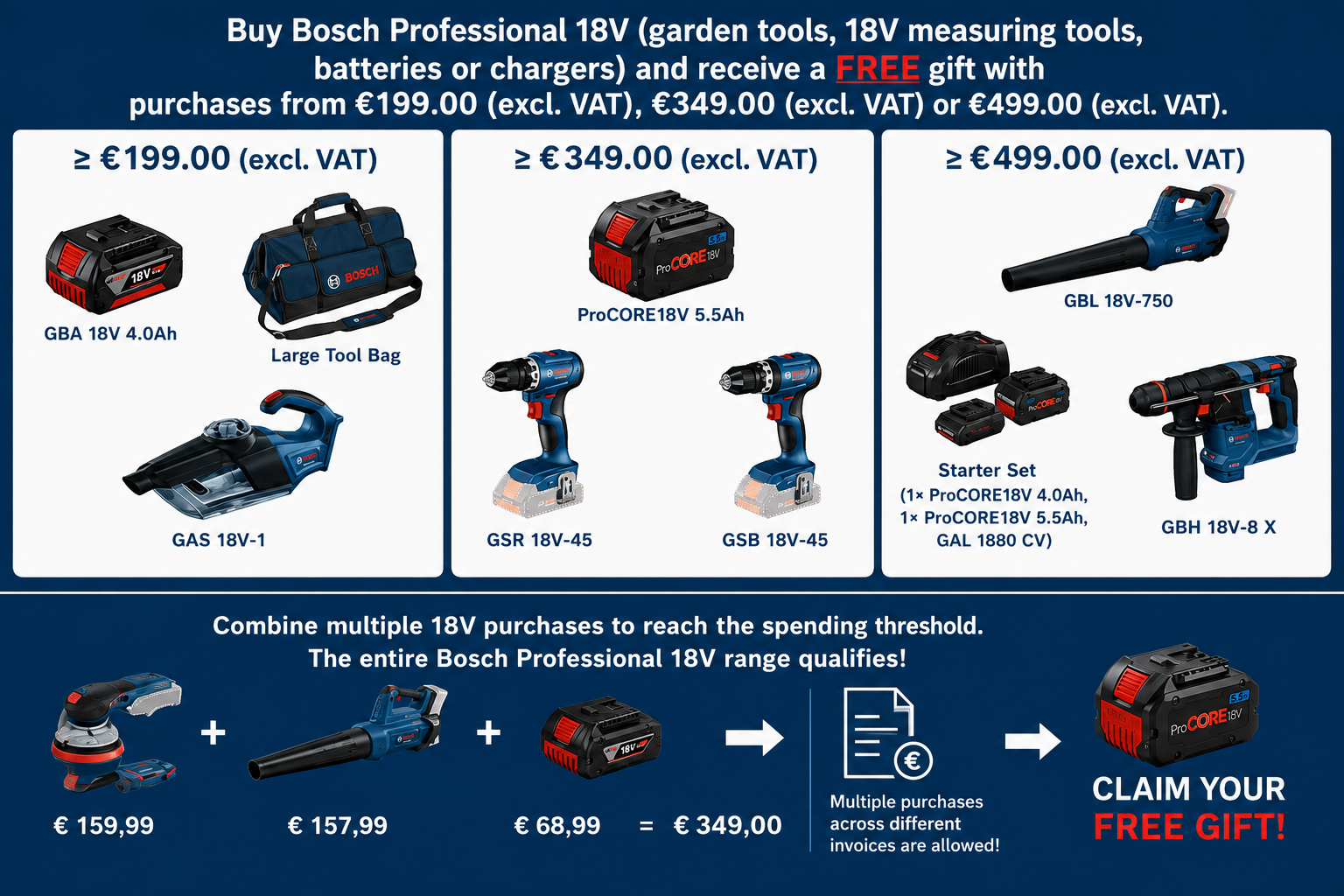 Bosch PRODEALS 2026 - Free battery, tool bag, cordless handheld vacuum, cordless drill driver, cordless combi drill, battery starter kit, cordless leaf blower or cordless rotary hammer! Bosch PRODEALS 2026 - Buy Bosch Professional 18V tools and receive a free gift!