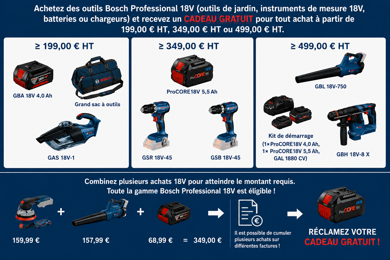 Bosch PRODEALS 2026 - Batterie, sac à outils, aspirateur à main sans fil, perceuse-visseuse sans fil, perceuse à percussion sans fil, kit de démarrage batterie, souffleur de feuilles sans fil ou perforateur sans fil offerts ! Bosch PRODEALS 2026 - Achetez des outils Bosch Professional 18 V et recevez un cadeau !