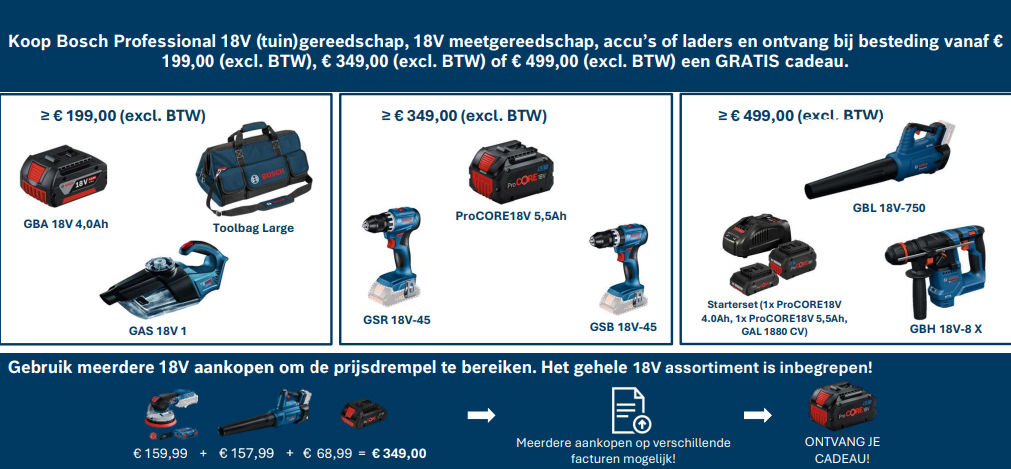 Bosch PRODEALS 2026 - Gratis accu, toolbag, accu-handstofzuiger, accu-schroefboormachine, accu-klopboormachine, accu starterset, accu-bladblazer of accu-combihamer! Bosch PRODEALS 2026 - Koop Bosch Professional 18V gereedschap en ontvang een cadeau!