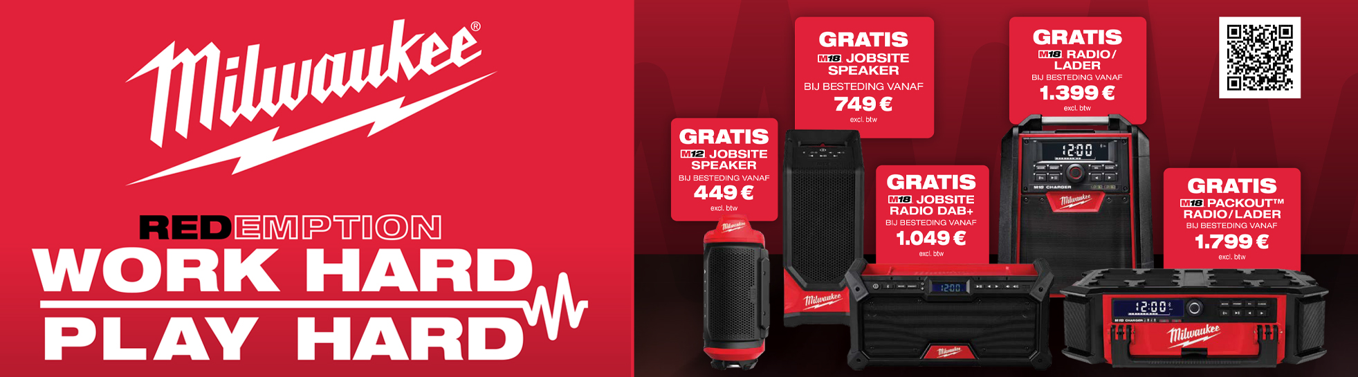 Work Hard, Play Hard Milwaukee REDemption 2026 - Koop Milwaukee producten en ontvang een gratis radio of speaker